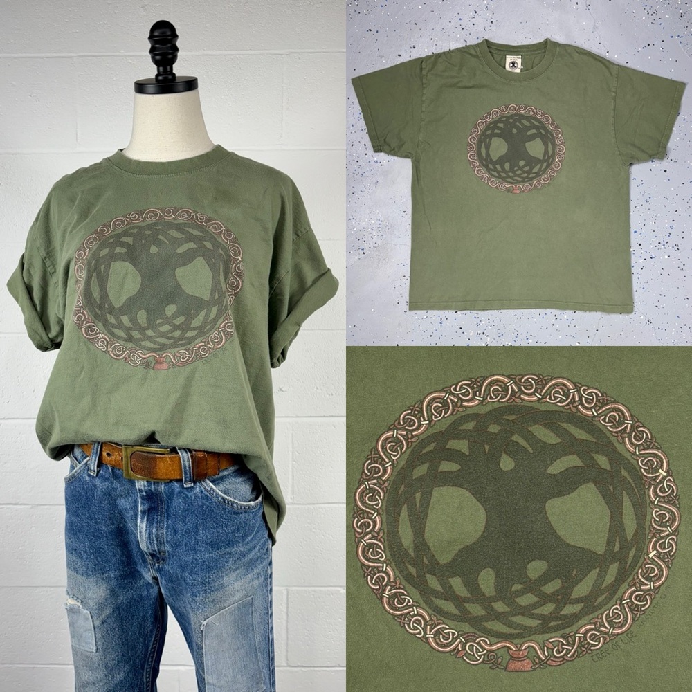 Vintage 90s Green Keltic Tree Of Life Celtic Wreath T-shirt Hippie Wook Tee L